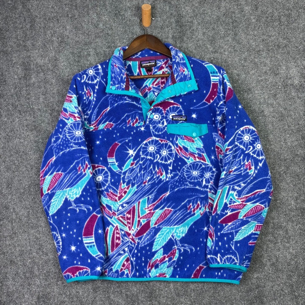 Patagonia Synchilla Fleece Pullover Mens Large Blue Owl Print Snap-T Jacket